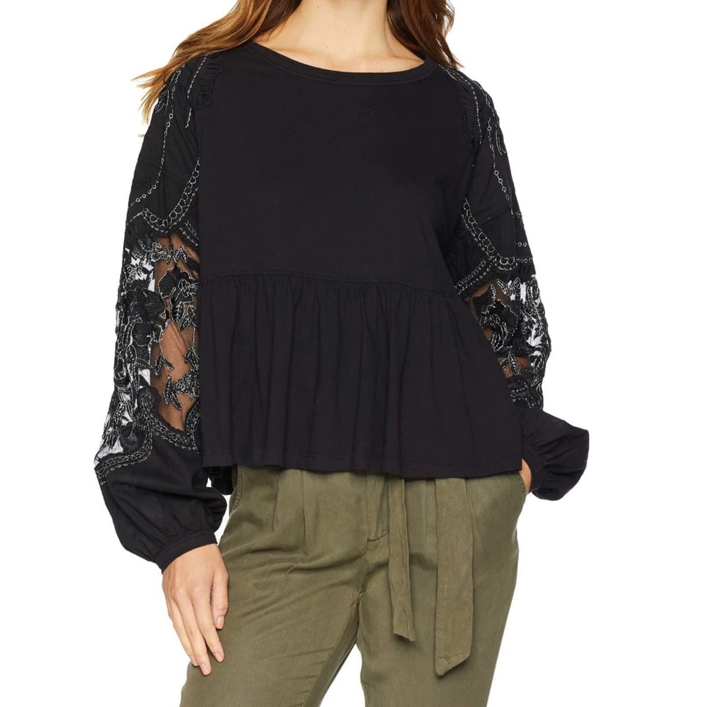 Women’s Free People Black Embroidered Penny Peplum Top Size L
